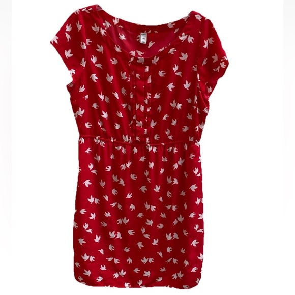 Old Navy Red White Bird Dress Size Large Short Sleeve Ruched Waist Above Knee - Picture 1 of 8